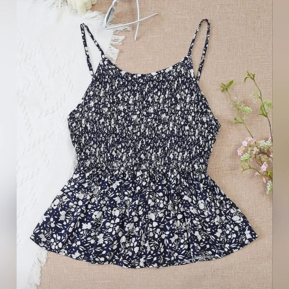 Floral Print Navy and White Women's Spaghetti Strap Scrunch/Flowy Top #MP - Picture 1 of 8